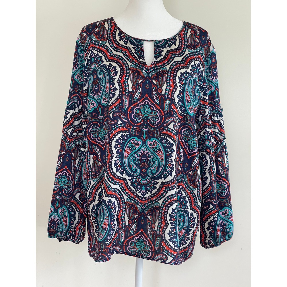 Women Navy Blue Paisley Print Keyhole Blouse with Ruffle Sleeve Detail XLP